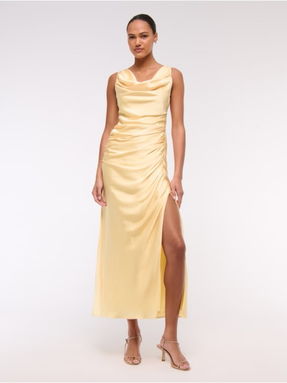 NWT Abercrombie & Fitch Satin Cowl Neck Slit Maxi Dress in Yellow